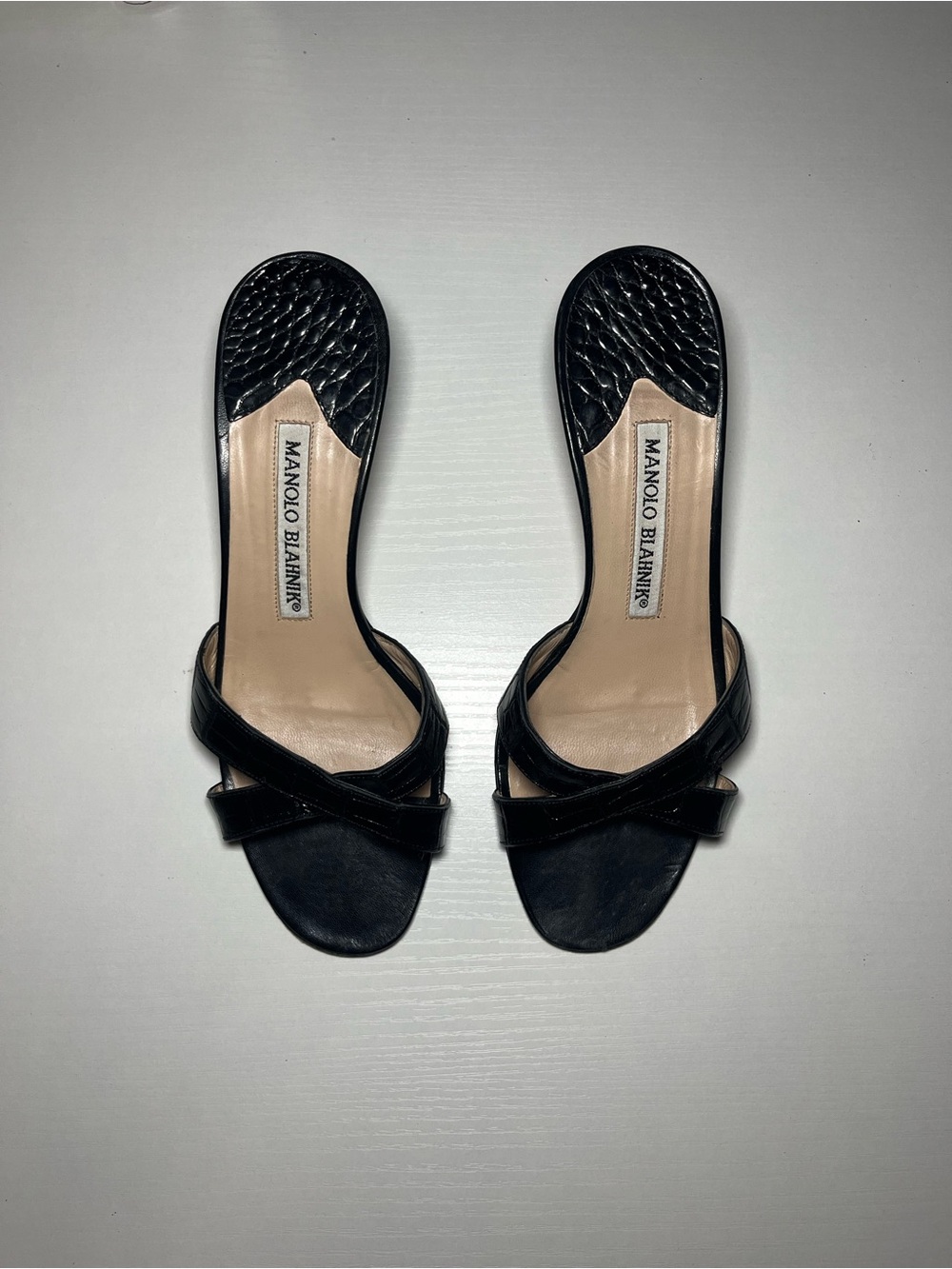 Manolo Blahnik Black Cross-Strap Leather Slide Heels